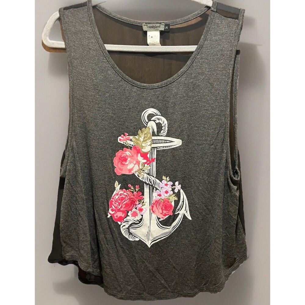 Trendyland Floral Anchor Graphic Tank Top Womens Size Large Gray Black Sheer